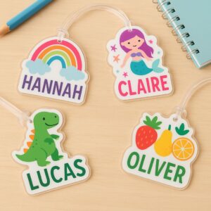 Tags acrílico troquelado con personalización en UV DTF (2 unidades)